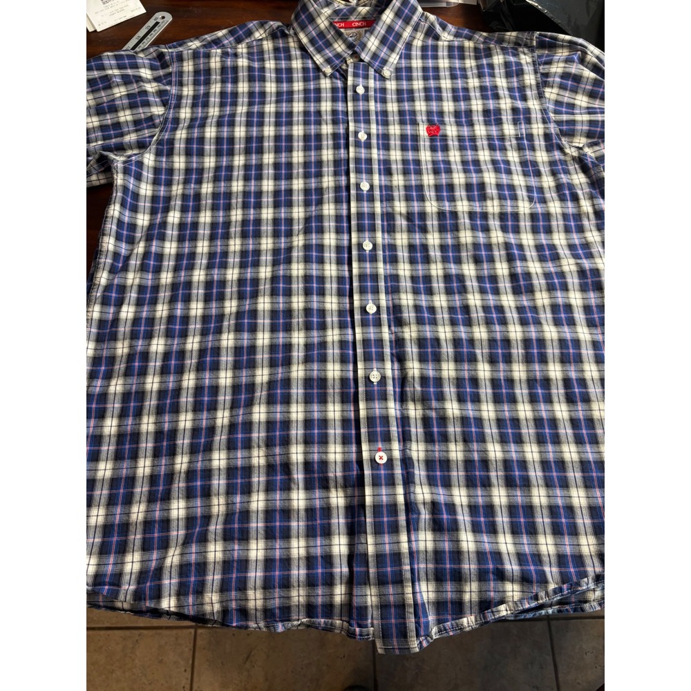 Cinch Mens Large Blue White Plaid Short Sleeve Button Down Western Shirt Logo